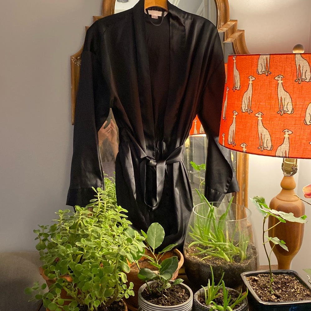 Victorias Secret 2000 black satin robe. Worn less than once. One size. Beautiful